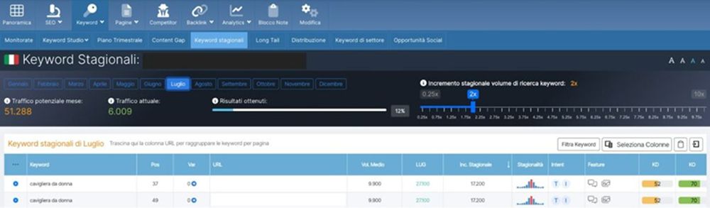 Sezione SEOZoom keyword stagionali